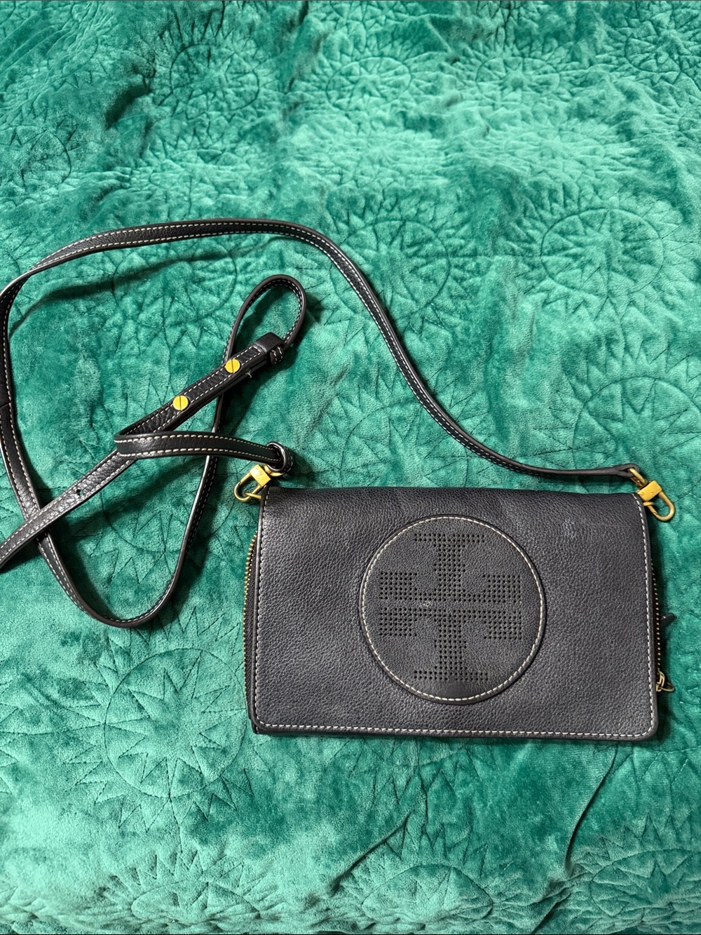 Tory Burch Black Leather Perforated Logo Crossbody